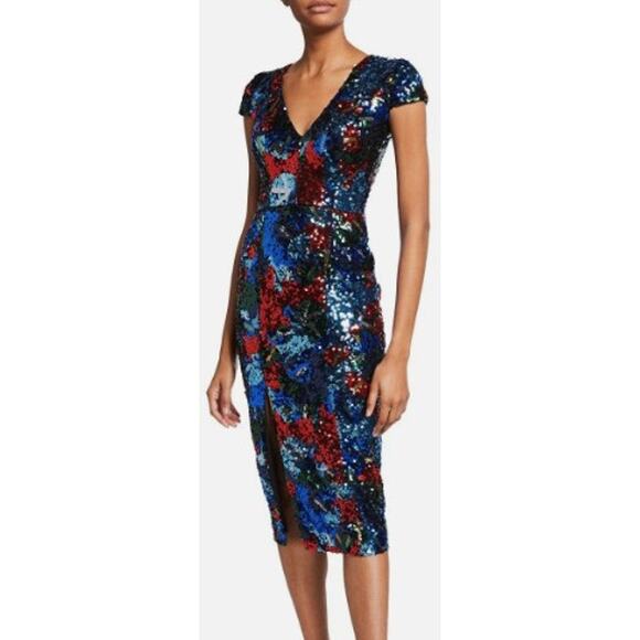 NWT Dress The Population Cobalt Multi Sequin Fitted Midi Dress Womens Medium - Picture 1 of 11
